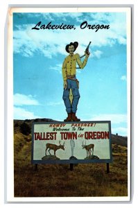 Giant Cowboy Sign Welcome to Lakeview Oregon OR Tallest Town Chrome Postcard W17