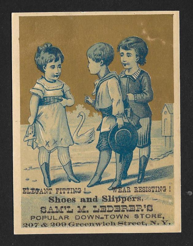 VICTORIAN TRADE CARD Lederers Shoes & Slipper Blue Tint Two Boys & Girl Talking