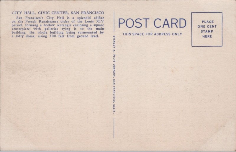 The City Hall Civic Center San Francisco California Linen C178