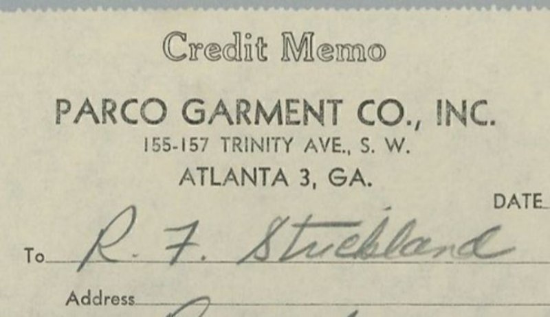 1955 Parco Garment Company Inc Trinity Ave Atlanta GA Clothes Credit Memo 324