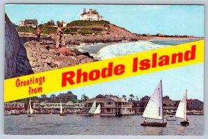 Greetings From Rhode Island, Fishing Scene, Sailboats, Splitview Postcard
