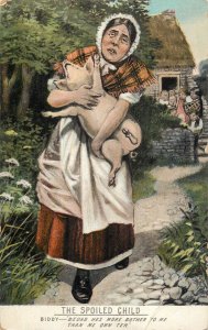Humor drawn woman with pig The Spoiled Child vintage postcard