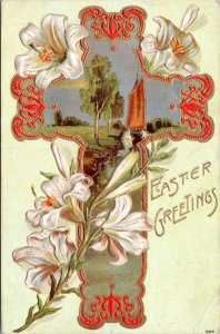 Postcard Easter Greetings -  Embossed cross with lillies and sailboat