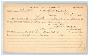 1902 Michigan Government Auditor Check Lansing Flint Land Co. MI Postcard