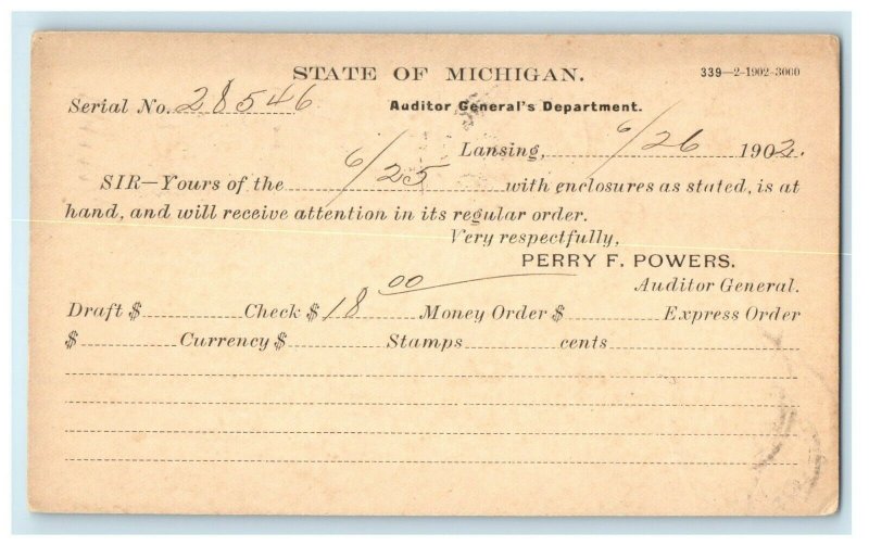 1902 Michigan Government Auditor Check Lansing Flint Land Co. MI Postcard