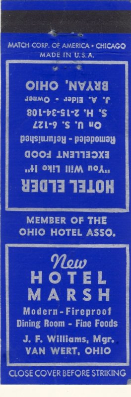 Early Bryan, Ohio/OH Match Cover, Hotel Marsh & Hotel Elder