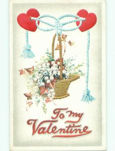 Pre-Linen valentine LILY OF THE VALLEY FLOWERS IN HANGING BASKET J0290