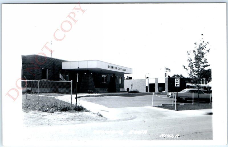 c1960s Oelwein, IA RPPC City Hall Early Real Photo Postcard Fire Department A102