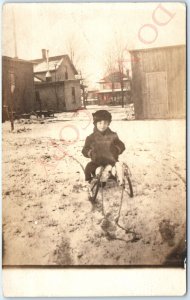 c1910s Cute Little Girl Toy Sled Big Handwarmer RPPC Snow Winter Real Photo A134