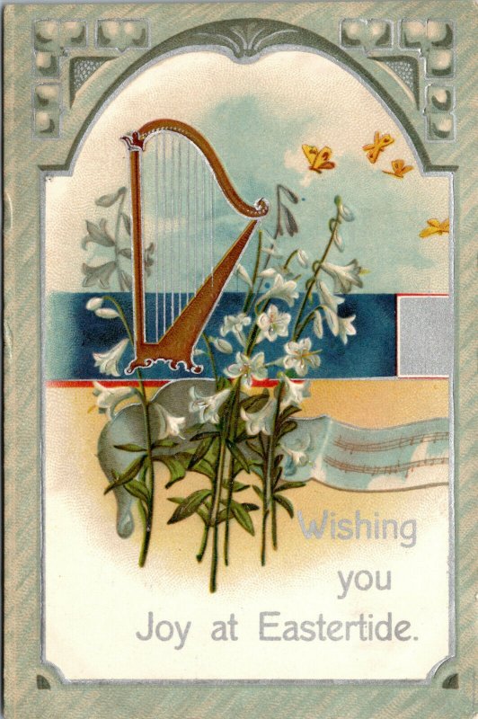 Vtg 1910s Wishing You Joy At Easter Lilies Butterflies Silver Harp Postcard