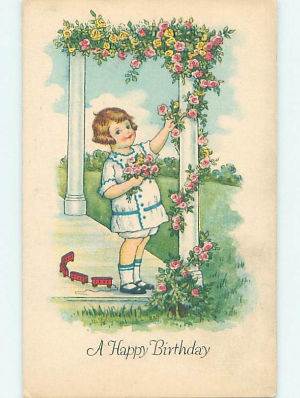 Pre-Linen BOY STOPS PLAYING WITH TOY PULL TRAIN TO PICK ROSE FLOWERS HJ4260