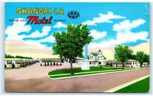 DODGE CITY, KS Kansas ~ Roadside SHANGRI LA  MOTEL 1959 Ford County Postcard