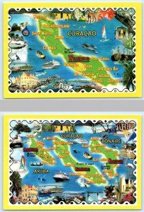 2 Illustrated Map Postcards CURACAO &  ARUBA & BONAIRE Caribbean  4x6