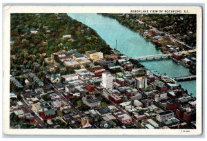 1931 Aeroplane View Buildings Bridges Lake River Rockford Illinois IL Postcard