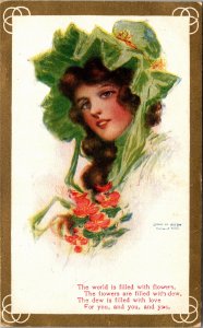 Postcard Woman in Green Bonnet Hamilton King 1907 World is Filled with Flowers