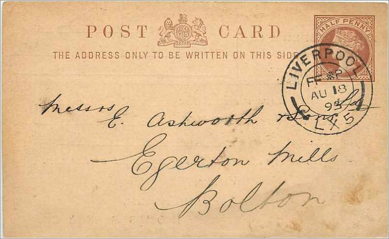 Entier Postal Stationery 1 / 2p Liverpool for Bolton 1893