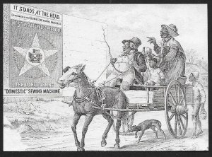 VICTORIAN TRADE CARD Domestic Sewing Machine Black Family in Horse Drawn Cart