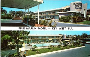 Postcard Florida Key West Blue Marlin Motel Swimming Pool Dual View 1960s V200