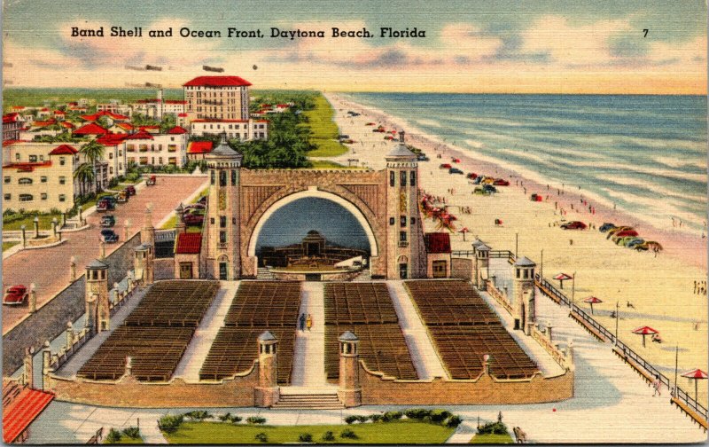 Vtg 1940s Band Shell and Ocean Front Daytona Beach Florida FL Postcard