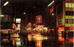Postcard IL Chicago at Night Oriental Movie Theater Sherman Hotel 1966 V214