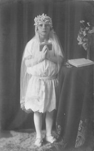 C-1910 Catholic Religion Girl 1st Communion Dress RPPC Photo Postcard 21-7153