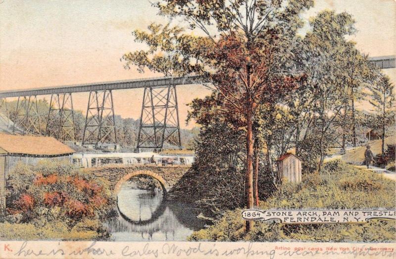 FERNDALE NEW YORK~STONE ARCH-DAM & RAILROAD TRESTLE-ARTINO PHOTO POSTCARD 1908