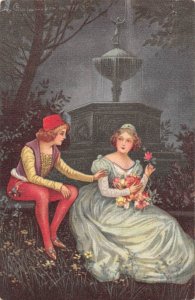Love Romance Art signed Colombo Medieval Costumes Couple Roses postcard B918