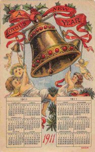 Happy New Year Bell Ringing Cherubs 1911 Calendar postcard