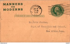 US Postal stationery 1c Chicago Manners for moderns to New Albin Iowa Adverti...