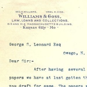 1899 KANSAS CITY MO WILLIAMS & COSS LAW LOANS AND COLLECTIONS LETTERHEAD Z4201