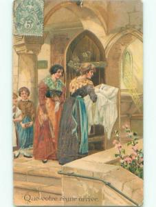 foreign Old Postcard TWO WOMEN LOOKING AT BABY IN CRIB AC2929