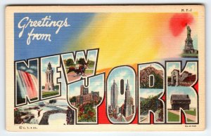 Greetings From New York Large Big Letter Linen Postcard NY Curt Teich Liberty