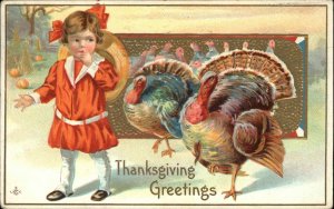 Thanksgiving Child Girl Hat Bow Turkey Gilt Embossed Stecher 1900s-20s PC