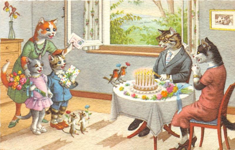 F60/ Alfred Mainzer Dressed Cats Postcard c1940s Birthday Party Cake 14