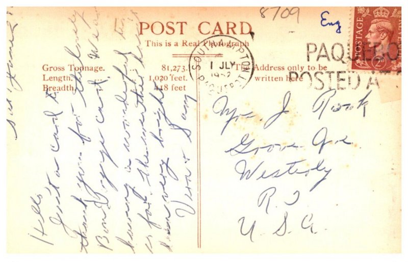 R.M.S. Queen Mary Cunard Steamship Co.