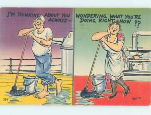 Linen military comic USA NAVY SAILOR AND HIS WIFE BOTH MOPPING UP HL3405