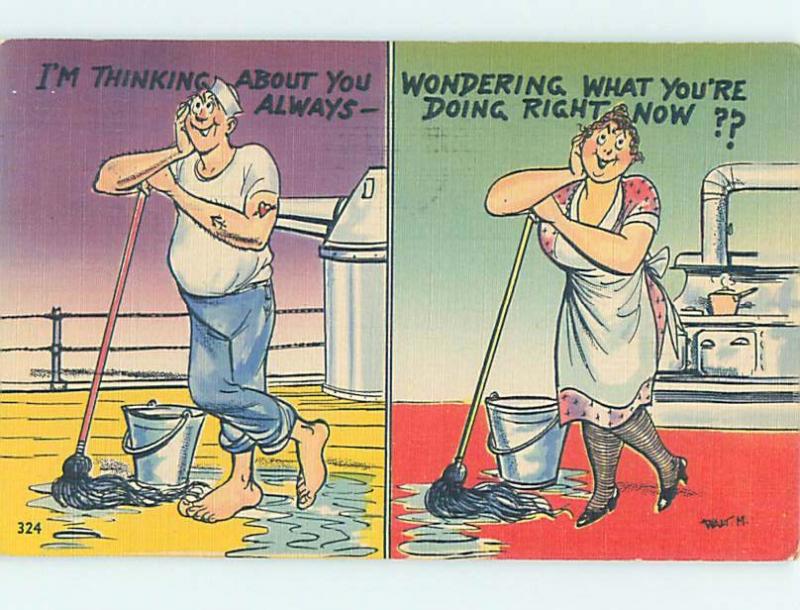 Linen military comic USA NAVY SAILOR AND HIS WIFE BOTH MOPPING UP HL3405