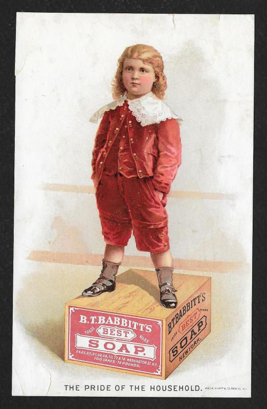 VICTORIAN TRADE CARD Babbitts Soap Pride of Household Fancy Dressed Boy Soap Box