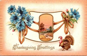 Thanksgiving Greetings With Turkey and Flowers