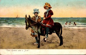 Girls Riding Donkey On Beach Two Queens and A Jack
