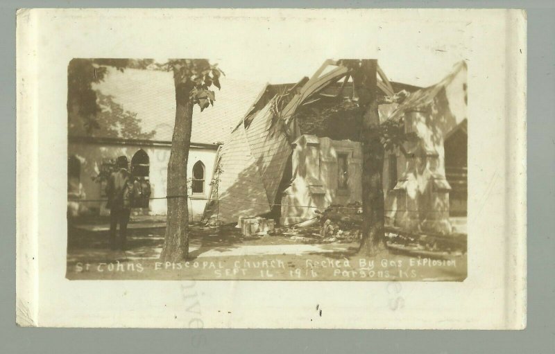 Parsons KANSAS RPPC 1916 DESTROYED CHURCH Ruins EXPLOSION nr Independence Oswego