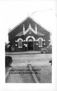 Fredericksburg Virginia~First Christian Church~1940s Car in Street~Real Photo PC