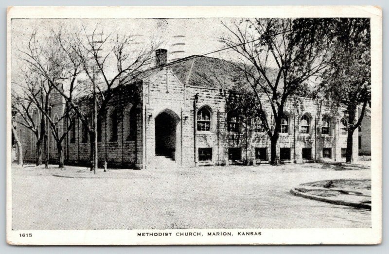 Marion Kansas~Methodist Church Corner~Fire Hydrant~Bare Trees~1930 B&W Postcard