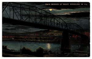 Antique Twin Bridges at Night, Ohio River, Wheeling, WV Postcard