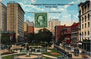 Washington Boulevard From Michigan Avenue Detroit Michigan Vintage Postcard C096