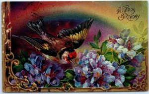 c1910s European Goldfinch Bird Happy Birthday Colorful Postcard Rainbow Lily A86