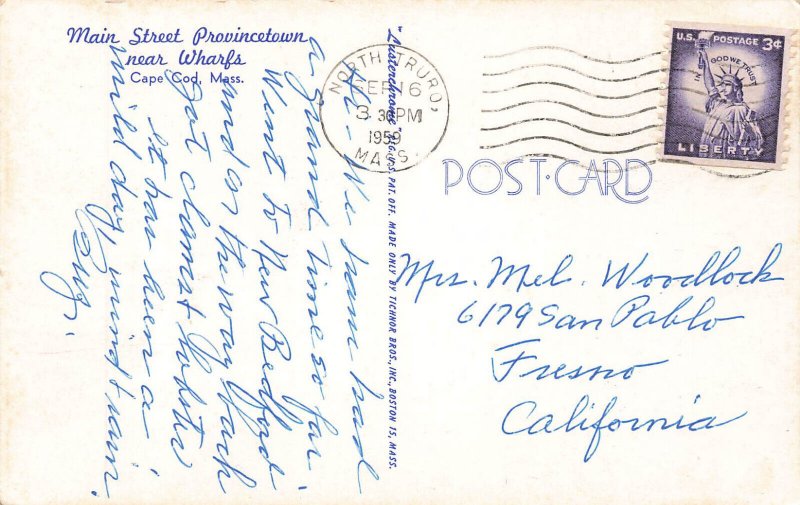 Cape Cod MA Main Street Stores 1950's Cars in 1959, Postcard United States Massachusetts