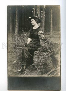 233722 MOURNING Lady in Black in Forest Vintage REAL PHOTO