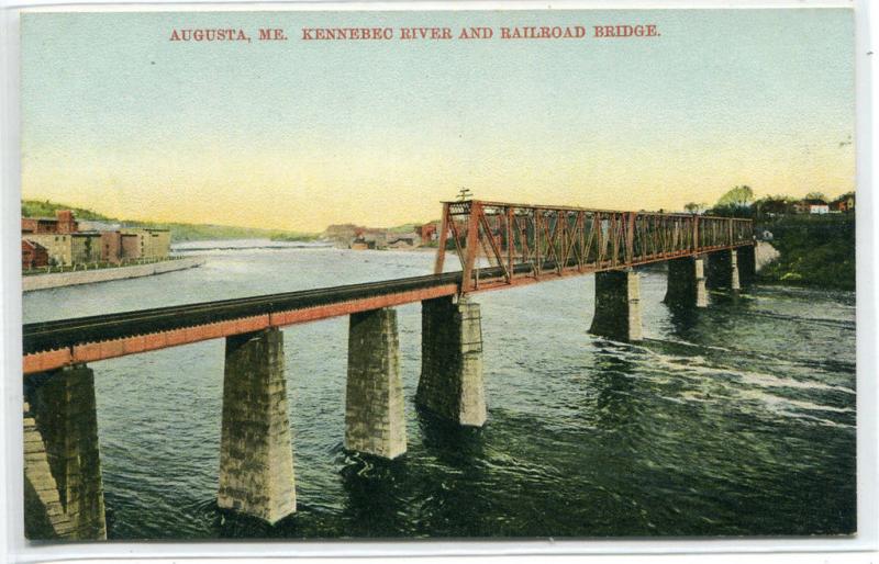 Railroad Bridge Kennebec River Augusta Maine 1910c postcard