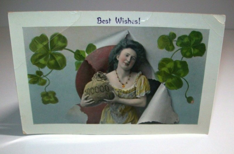 Saint Patrick's Day Postcard Women With Money Bag Original Unusual Gel Photo